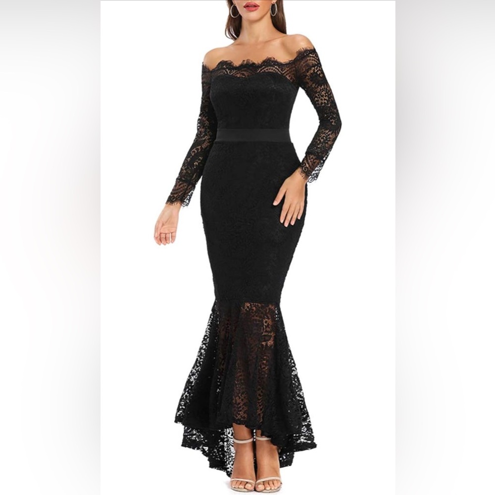 Black Long Sleeve Lace Detail Gown